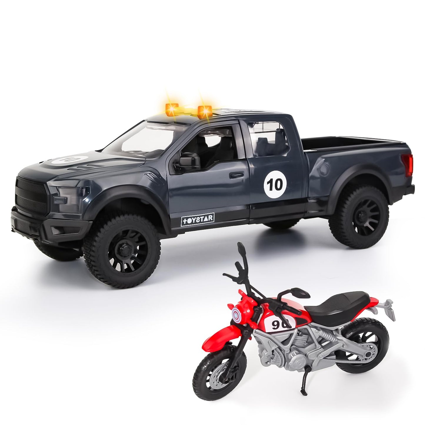 Pickup Truck Toy with Motorcycle, Featuring Lights and Sound Effects,Toy Car with Opening Doors, Toy Cars Gifts for 3+ Year Old Kids(Grey Pickup)