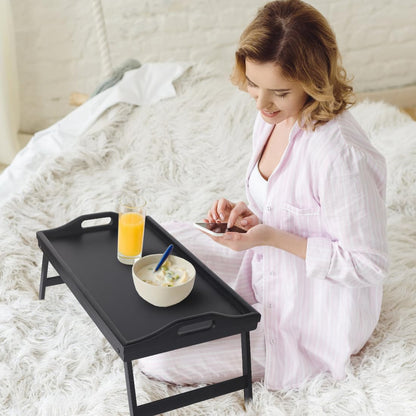 Jibanie Multi-Purpose Bamboo Wood Lap Desk - Folding Legs, Breakfast Food Tray, Serving Dinner Tea TV Tray - Lightweight, Minimalist Black