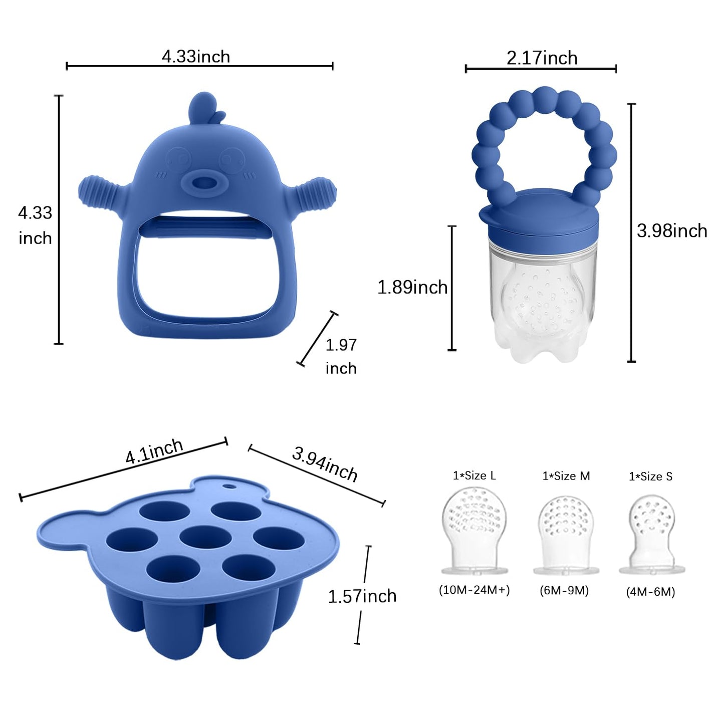 Gedebey 3-in-1 Baby Food & Fruit Feeder Set – Breastmilk Popsicle Mold with Freezer Tray, Teething Relief Toy, BPA Free Infant Silicone Feeding Combo, 3 Bonus Sizes (S/M/L) Sacs (Steel Blue)