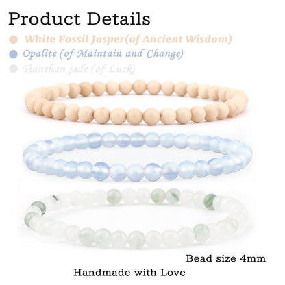 NCB 3-Piece 4mm Natural Crystal Gemstone Stretch Bracelets – ﻿Opalite, Tianshan Jade, White Fossil Jasper Handmade Reiki Energy Healing Jewelry for Meditation,Yoga, Unisex