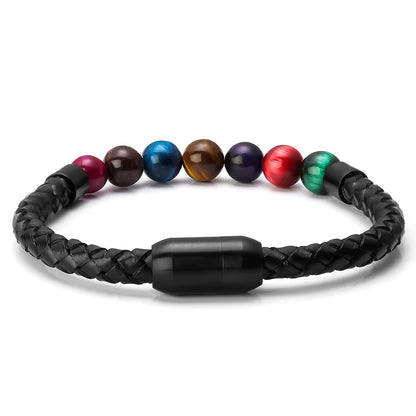 Ckysee 7 Color Tiger Eye Stone Healing Balancing Genuine Leather Beads Bracelet Magnetic Clasp Bracelet 8.5"