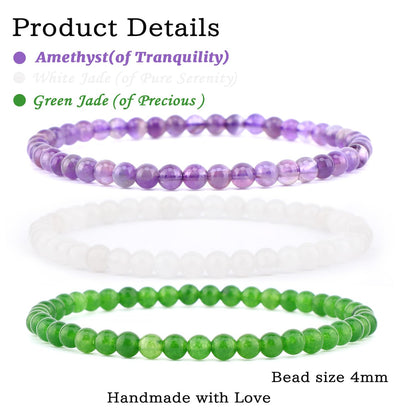 NCB 3-Piece 4mm Natural Crystal Gemstone Stretch Bracelets – ﻿Amethyst, Green Jade, White Jade Handmade Reiki Energy Healing Jewelry for Meditation,Yoga, Unisex
