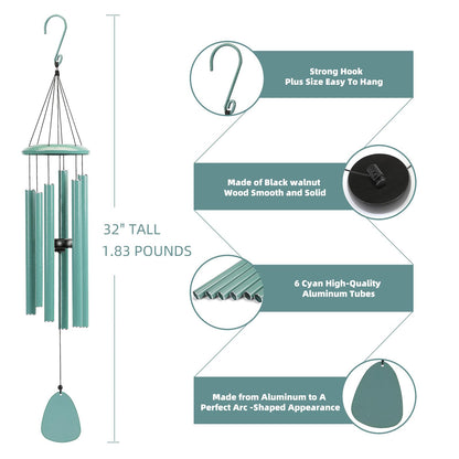 FSVGYY Wind-Chimes-Outdoor-Deep-Tone, Large Soothing Melodic Tones Windchimes, Wind Chimes for Outside, Memorial Wind Chime Best Gift for Mom Women Grandma Neighbors(32" Cyan Coated Aluminum)