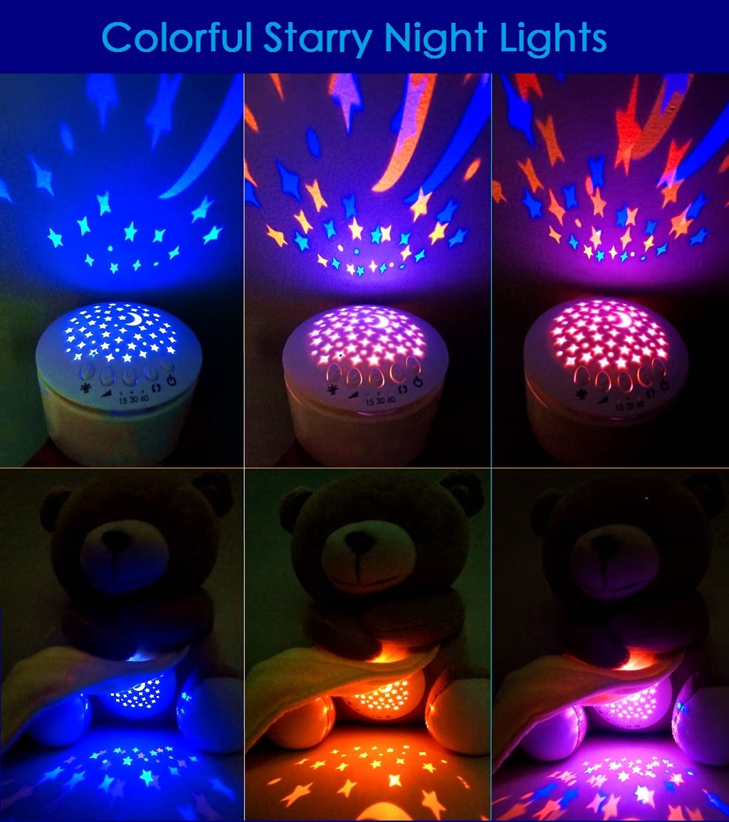 Baby Sleep Soother, Cry Activated Sensor Teddy Bear Lullabies & Mom Heartbeat, Nursery Toddler Star Night Light Projection Sleep Aid, Unique Girl, Baby boy and New Baby Gifts