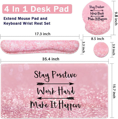 4-in-1 Gaming Mouse Pad Wrist Support Set，Desk Pad + Mouse Pad with Wrist Rest + Keyboard Wrist Rest + Coaster, Ergonomic Design for Home Office Study Game - Pink Stay Positive