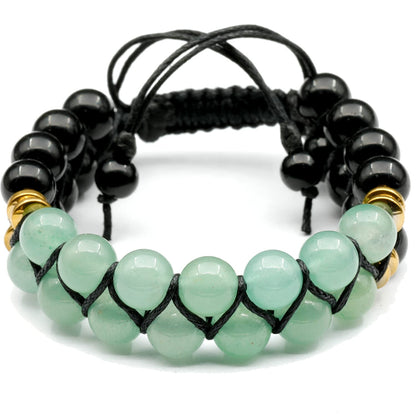 Natural Green Aventurine Double Row Bracelet for Men & Women | Handmade 8mm Green Aventurine Black Onyx Macrame Bead Bracelet | Adjustable Waxed Cord | Libra Zodiac Chakra Jewelry Gift