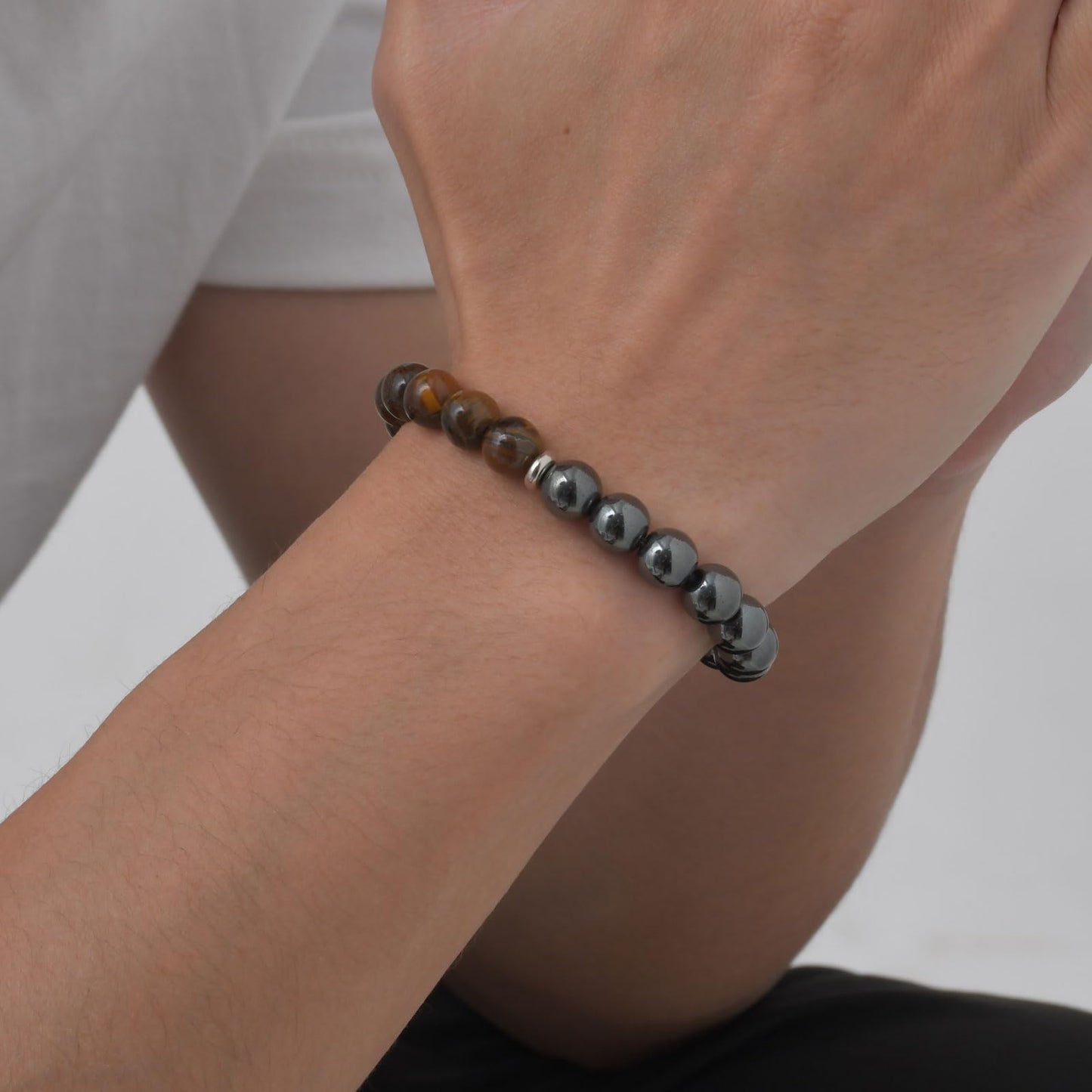 FUTPLOR Triple Protection Bracelet (Tiger Eye Stone,Black Tourmaline,Hematite), 8mm Beaded Bracelets for Men Women, Elastic Bracelets 17cm/ 6.69in