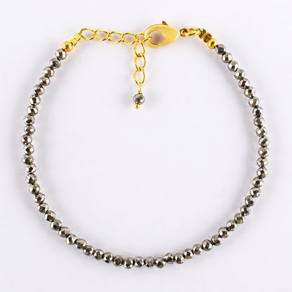 Natural Golden Pyrite Gemstone Micro Beads Dainty Bracelet Jewelry for Women, Birthstone, Chakra Energy Crystals, 14k Gold Plated Chain 8 inch Adjustable