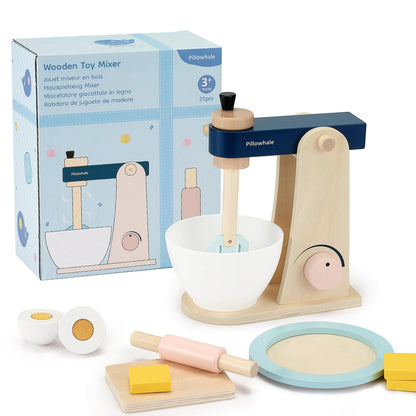 Pillowhale Wooden Kitchen Toys Mixer for Toddlers Age 3+ - 21pcs Montessori Pretend Play Baking Set with Bowl & Rolling Pin, Toy Kitchen Accessories Gift for Girls Boys