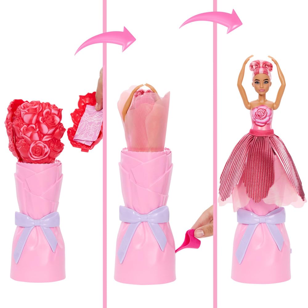 Barbie Petal Pop Scented Doll with Rose Dress & Accessories, Bouquet Reveal with Pet Bunny & Surprises Like Watering Can, Necklace & Earrings