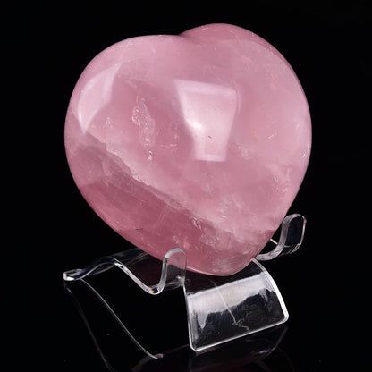 JIC Gem Large Heart Shaped Rose Quartz Crystal Healing Stone Pocket Palm Worry Stone with Display Stand Chakra Reiki Balancing 3.7"-4"