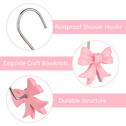 12pcs Bow Knot Shower Curtain Hooks,Home Decorative Shower Curtain Rings for Bathroom,Resin Shower Curtain Hangers Bathroom Accessories (Pink)