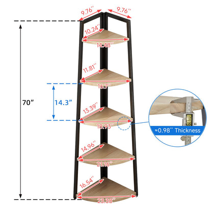 5 Tier Tall Corner Shelf,70 inch Solid Wood Rustic Corner Bookshelf Bookcase Industrial Ladder Shelf,Display Wooden Plant Stand Shelving Unit Shelf for Living Room,Kitchen,Home Office (Natural finish)