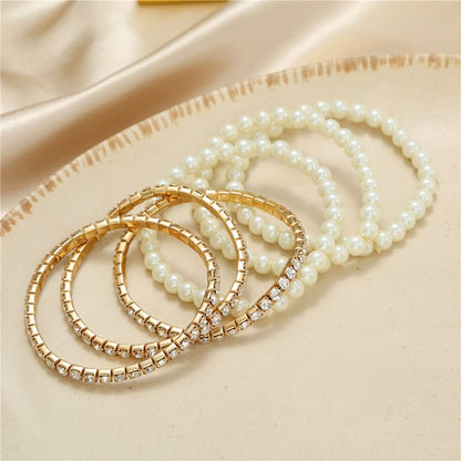 COLORFUL BLING Women Multilayer Temperament Imitated Pearl Stackable Strand Bracelets Beaded Seed Heart Rhinestone Crystal Stretch Bracelet Wedding Wrist Jewelry-zircon