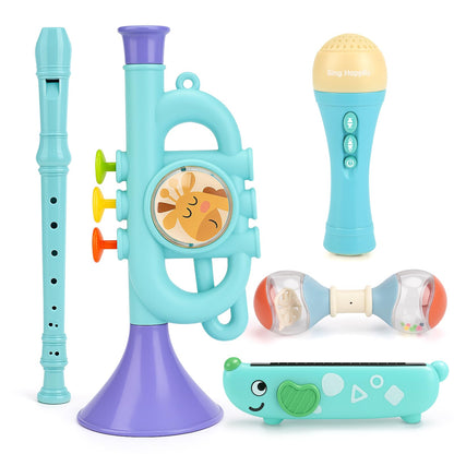 Musical Toys for 2 3 Year Old Boy Girl Birthday Gifts, 5 in 1 Montessori Musical Instruments for Toddlers 2-4 with Trumpet/Microphone/Flute/Harmonica, Preschool Learning Toys for Baby 18+ Months