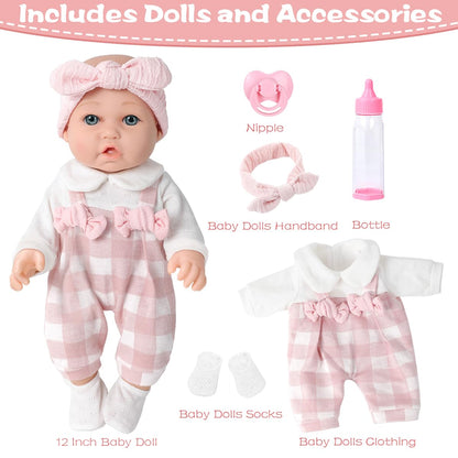 BDDOLL 12'' Baby Doll and Clothes Accessories Playset with Feeding Bottle Pacifier First Baby Dolls for Toddlers 36 Months and Up