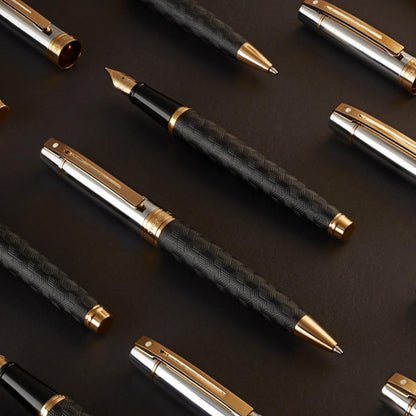 Sheaffer 300 Rollerball Pen| E9347 Engraved Matt Black Barrel and Shiny Chrome Cap with PVD Gold Trims | Premium Rollerball Pen