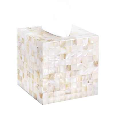 PEMAR Handcrafted Wooden Tissue Box Cover for Small Cube Tissue Boxes Only (Max Inner Size 4.7”) – Mother of Pearl Inlay Decorative Tissue Holder for Bathroom, Living Room & Office (White Sand)