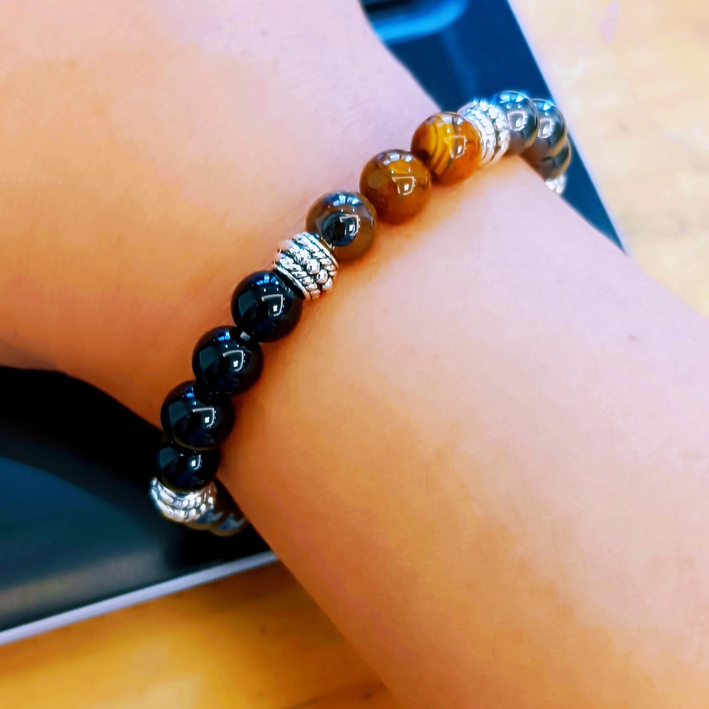 WEFRIN Triple Protection Bracelet for Bring Luck and Prosperity Hematite Black Obsidian Tiger Eye Stone Bracelets for Men Women, Beaded Buddha Healing Rope Uni Bracelet (2pcs) (B)