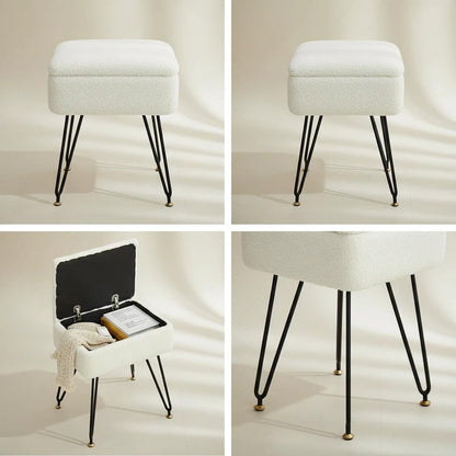 Leesingdo Vanity Stool Chair, Faux Teddy Fur Ottoman Foot Stool with Metal Legs & Adjustable Black Feet, Flip Top Storage Makeup Chair with Soft Padded Seat, Foot Rest for Makeup Room Bedroom, White