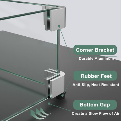 GASPRO 35.5 x 15.5 Inch Glass Wind Guard for Rectangular Fire Pit Table, Thick and Sturdy Tempered Glass Panel with Hard Aluminum Corner Bracket & Rubber Feet, Easy to Assemble