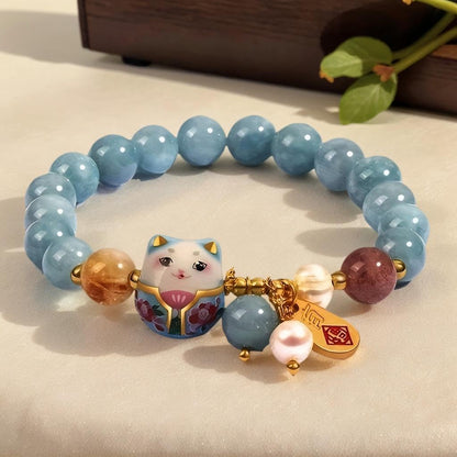 Lucky Cat Bracelet with Blue Crystal, Ceramic Cat Pendant, Feng Shui Good Luck Jewelry for Women, Wealth & Protection Bracelet