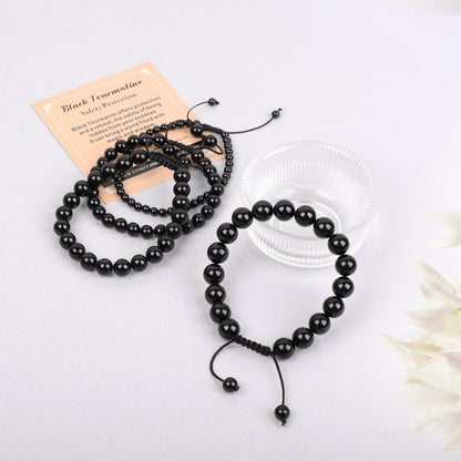 AD Beads 4mm Black Onyx Bracelet - Stone of Safety Protection - Handmade Natural Stone Crystal Bracelet with Adjustable Macrame String - Yoga Healing Power Energy Gifts for Men and Women
