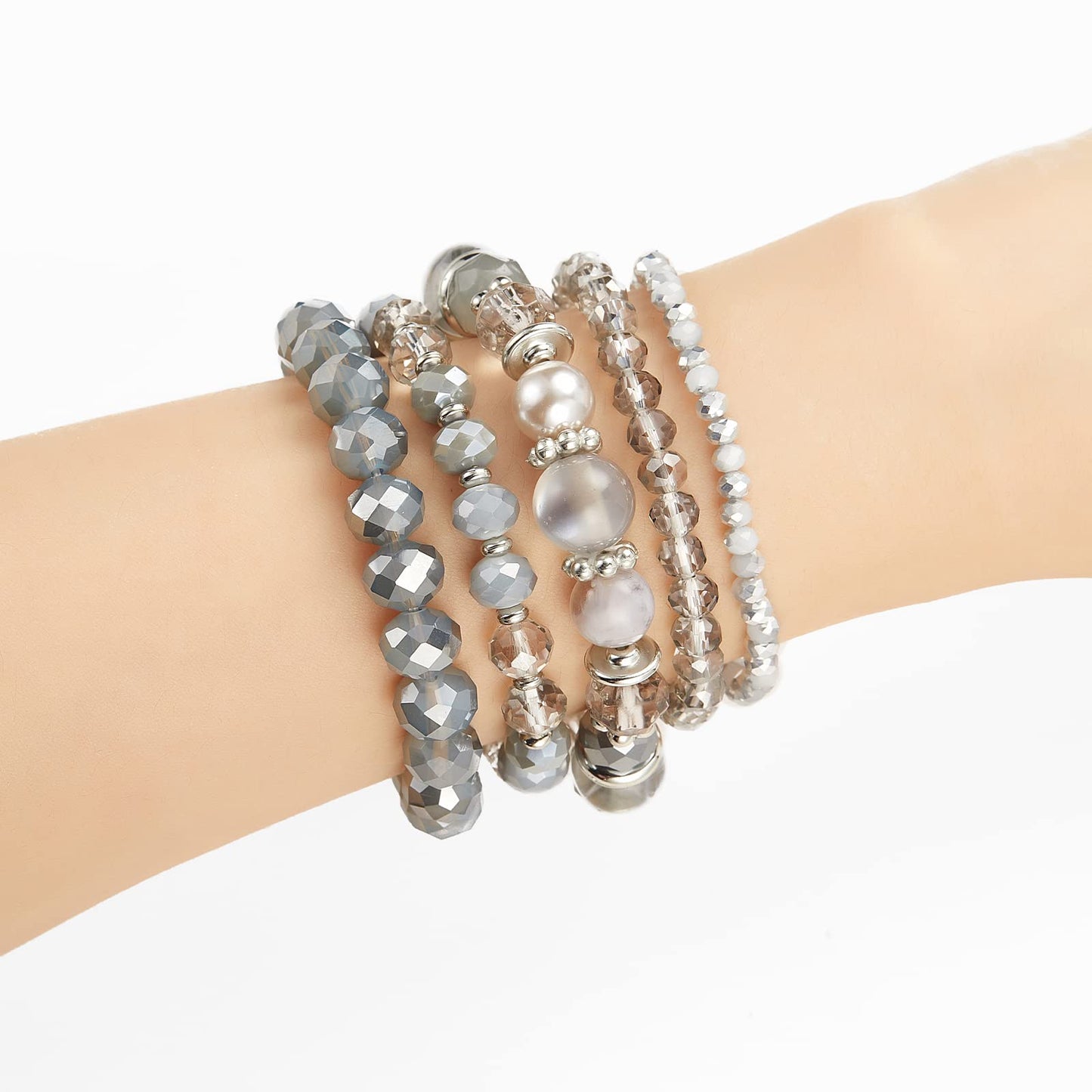 Noessla Beaded Boho Stretch Bracelet Colorful Stackable Crystal Beads Bracelets Trendy Costume Jewelry Mothers Day Gifts for Women(21-Grey)