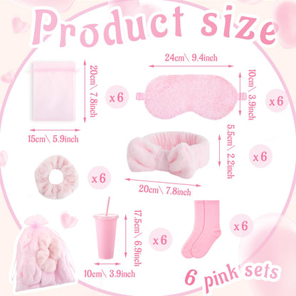 Fanfanwin 48 Pcs Sleepover Party Supplies Spa Birthday Slumber Pajamas Galentines Party Favors Coquette Throw Blanket Pillow Headband Scrunchies Eye Mask Cup Socks(Pink,Solid Color)