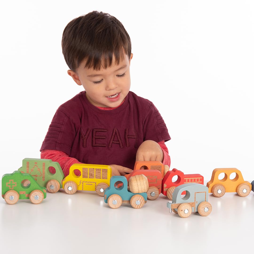 TickiT Rainbow Wooden Vehicles - Set of 12 - Small, Chunky Cars - for Ages 12m+ - Develop Fine-Motor Skills - Loose-Parts Toys for Toddlers