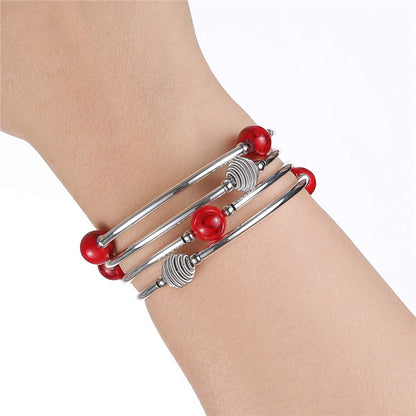 PEARL&CLUB Beaded Chakra Bangle Turquoise Bracelet - Fashion Jewelry Wrap Bracelet with Thick Silver Metal and Mala Beads, Birthday Gifts For Women(63-Red)