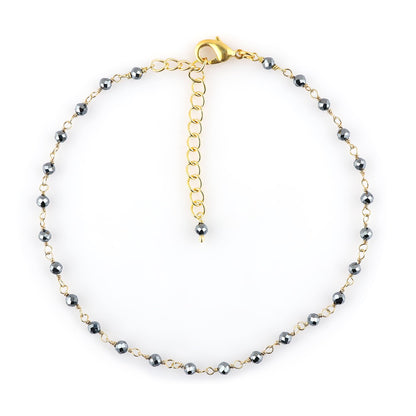 JOR Natural Hematite Beaded Rosary Anklet, Handmade Craft, Anklet Beads Bracelet, Chakra Healing Anklet, Gemstone Women Jewelry, Dainty Gold Plated Anklet 9 inch + 2 inch (1pcs)