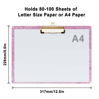 Glitter Acrylic Clipboard Horizontal, A4 Letter Standard Size, Cute Clipboards with Low Profile Clip for Drawing, Office Art Supplies - Warm Pink（9" x 12.5"）