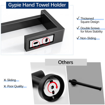 Gypie Hand Towel Holder for Bathroom Wall 2 Pack -Modern Towel Ring Square Hidden Mount with Dual Screws, Anti-Slip End, Stainless Steel, Matte Black