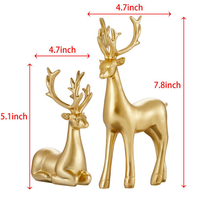 2PCS Carved elk Statue Resin Ornaments, Christmas Reindeer Fortune Seeking Decoration Modern Retro Art Standing and Sitting Posture, Applicable to Living Room and Bedroom (Pure Gold)