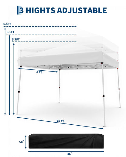 10x10ft Pop Up Canopy Tent with Slant Legs – Outdoor Instant Gazebo Shelter, UV-Resistant Waterproof Cover, Adjustable Height, Carrying Bag – 8x8ft Shade for Patio, Beach, Garden, Events