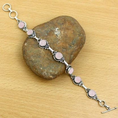 Natural Rose Quartz 925 Silver Plated Light Weight Trendy Adjustable Bracelet for Women - January Birthstone Pink Gemstone Handmade Link Bracelet - Wedding Jewelry Gifts for Her