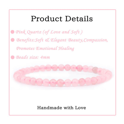 Bymitel 4mm Pink Quartz - Handmade Reiki Gemstone Stretch Bracelet, Natural Beauty & Spiritual Essence, Crystal Healing for Unisex Adults