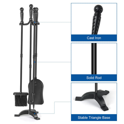 MAT 7-BANQUET Fireplace Tool Sets with Stand Cast Iron Fire Tools Fireplace Accessories Wood Burning with Poker Shovel Brush Wood Stove Tools Black