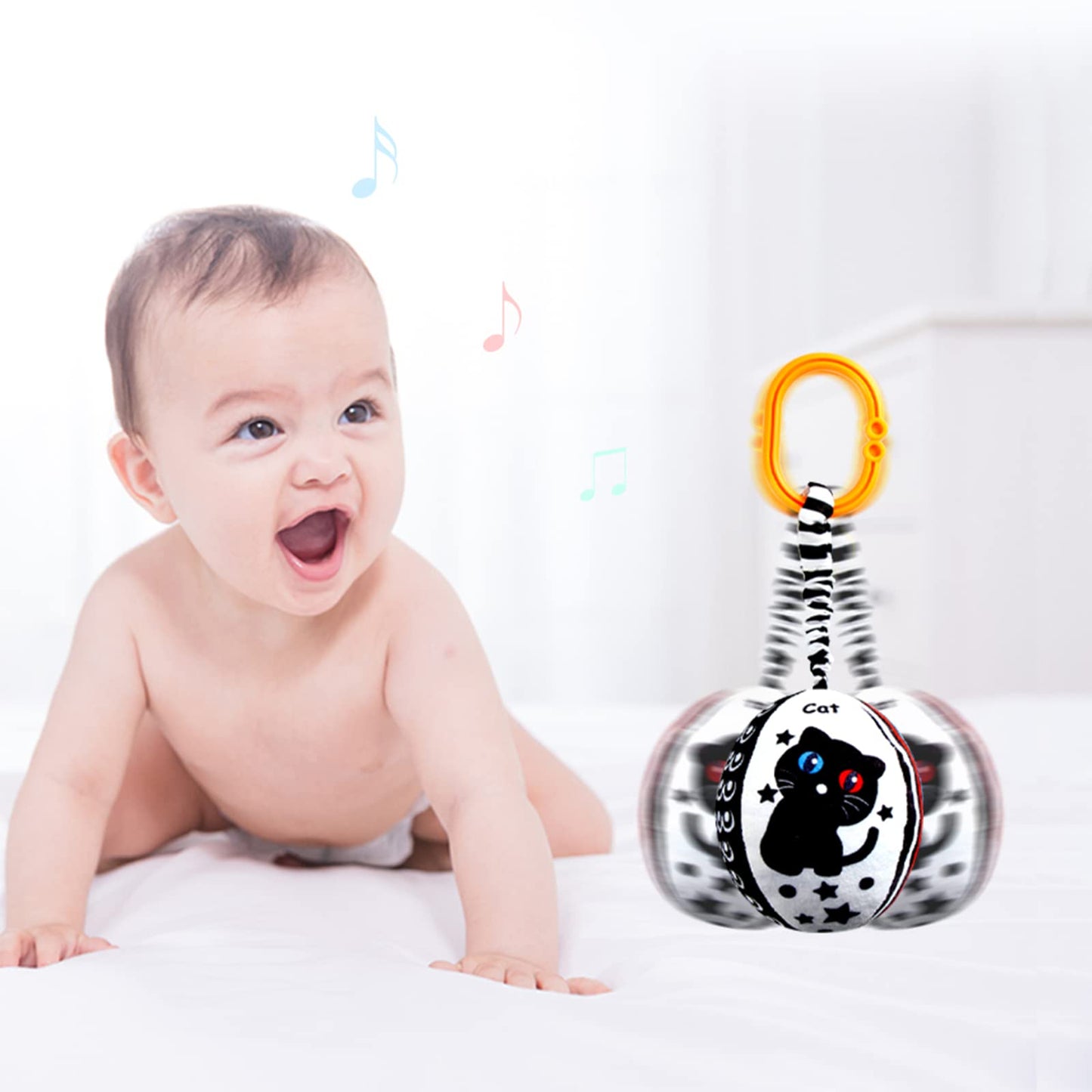 KAKIBLIN Baby Hanging Rattle Toys, 4 Pack Black and White Car Seat Baby Toys Soft Squeaky Stroller Toy for Babies Montessori Sensory Toy 0-12 Months for Newborn Infant, White and Black