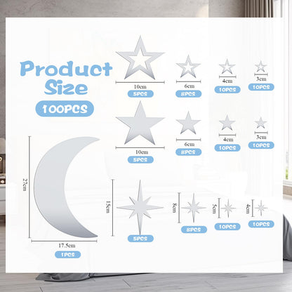Shappy 100 Pcs Acrylic Moon Star Mirror Wall Stickers Decal 3D Acrylic Mirror Stickers Removable Decal for Room Good Night Nursery House Bedroom Wall Decor(Silver)