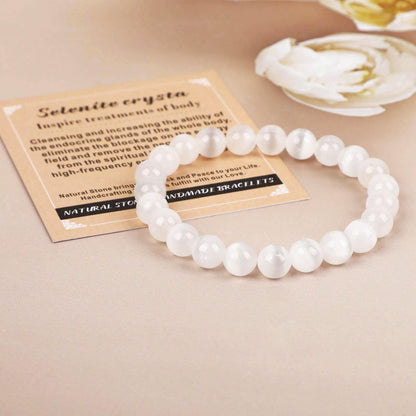 AD Beads Handmade Gemstone Stretch Elastic Bracelet Crystal Healing Reiki Nature's Beauty and Spiritual Essence Unisex (8mm, Selenite Crystal (Inspire Treatments))