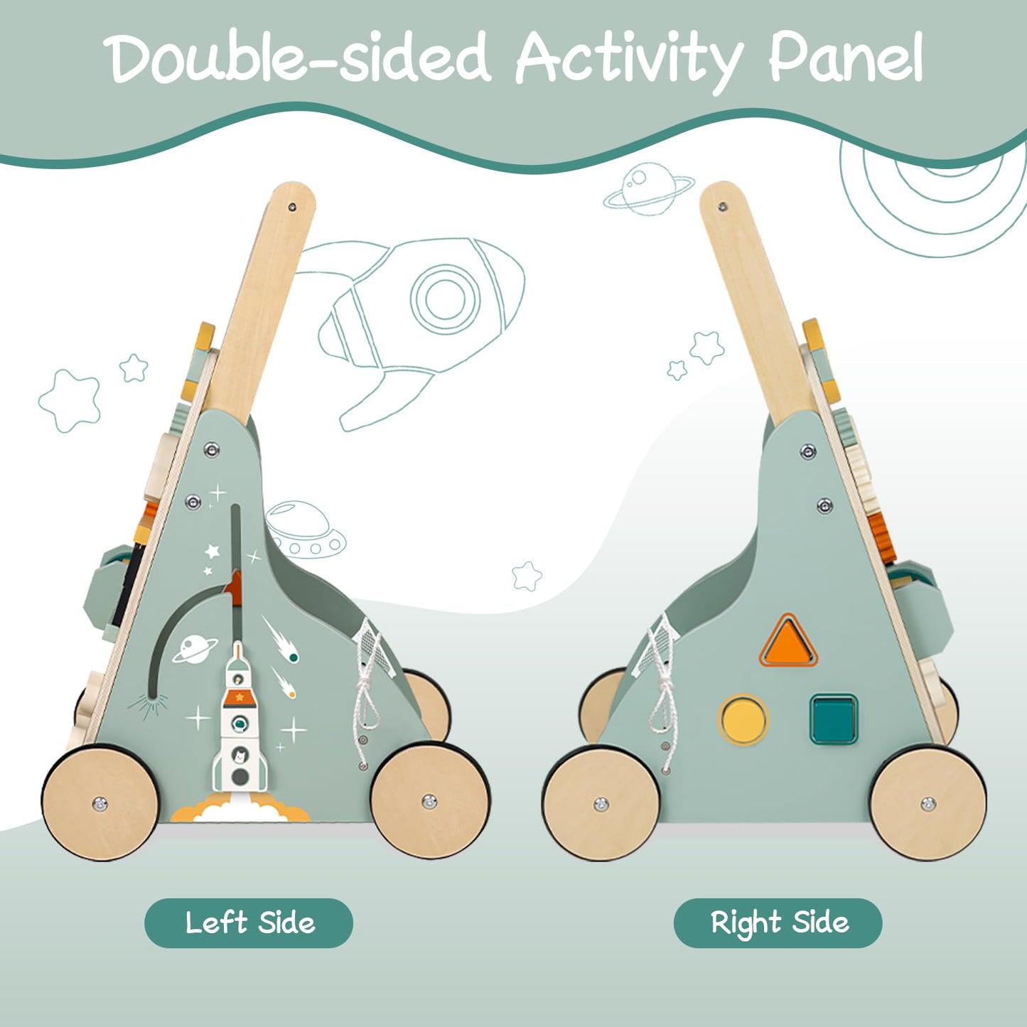 MILEFUN Adjustable Wooden Baby Walker – Montessori Push Toy for 1 Year Old with Rocket-Themed Activity Center, Sit-to-Stand Walker Gift for Boys and Girls
