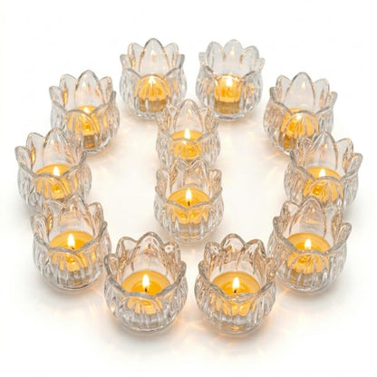VIVAHEARTH Tulip Votive Candle Holders Set of 12, Tea Light Candle Holder Glass for Table Centerpiece, Tealight Candle Holders for Wedding Déco, Birthday, Anniversary, Parties, and Holiday (Clear)