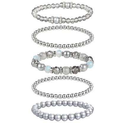 Heclia Beaded Stretch Bracelets Silver Stackable Crystal Beads Bracelets 5PCS Beaded Boho Stretch Bracelet Layering Crystal Stone Bead Bracelet Trendy Costume Jewelry Gifts for Women
