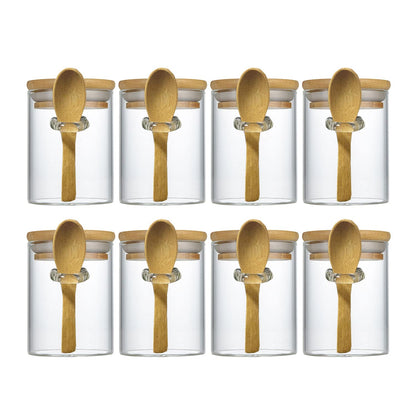 Livejun 7.6 oz Airtight Mini Glass Jars with Bamboo Lids and Bamboo Spoons, Spice Jars Small Food Storage Containers for Kitchen, Bathroom, Home Decor Set of 8