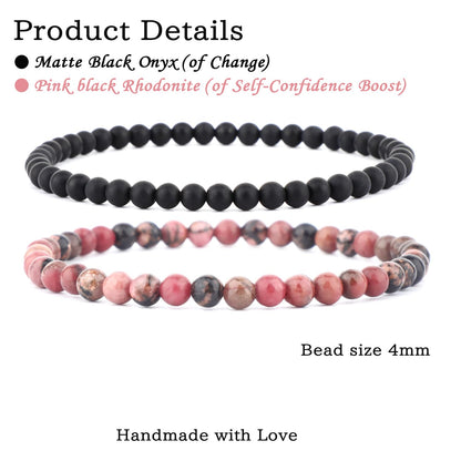 NCB 2-Piece 4mm Natural Crystal Gemstone Stretch Bracelets – ﻿Pink Black Rhodonite, Matte Black Agate Handmade Reiki Energy Healing Jewelry for Meditation,Yoga, Unisex