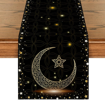Artoid Mode Black Star Ramadan Moon Table Runner, Seasonal Kitchen Dining Table Decoration for Home Party Decor 13x72 Inch