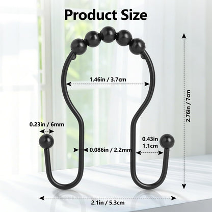 Resze Shower Curtain Hooks, Sturdy Metal Black Shower Curtain Rings, Glide Roller Double Shower Hooks, Rust Proof Anti-Drop Curtain Hooks, 12 Pcs Smooth Sliding Rings for Bathroom Shower Rods Curtains