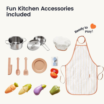 Tiny Land Play Kitchen for Kids, Wooden Farmhouse Kitchen Playset Chef Pretend Play Set for Toddlers w/Real Lights & Sounds, Toys Kitchen with 18 Pcs Toy Food & Cookware Accessories, Sage Green